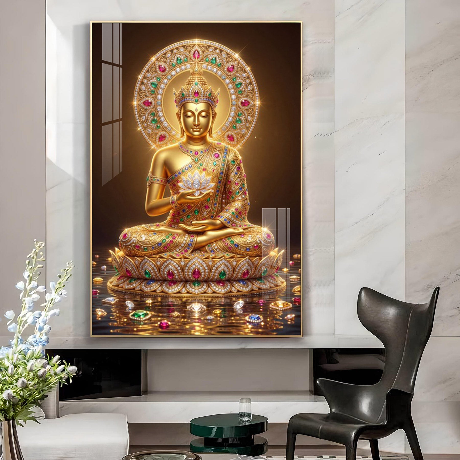 Golden Depiction Of Lord Buddha Glass Finish Vertical Wall Art