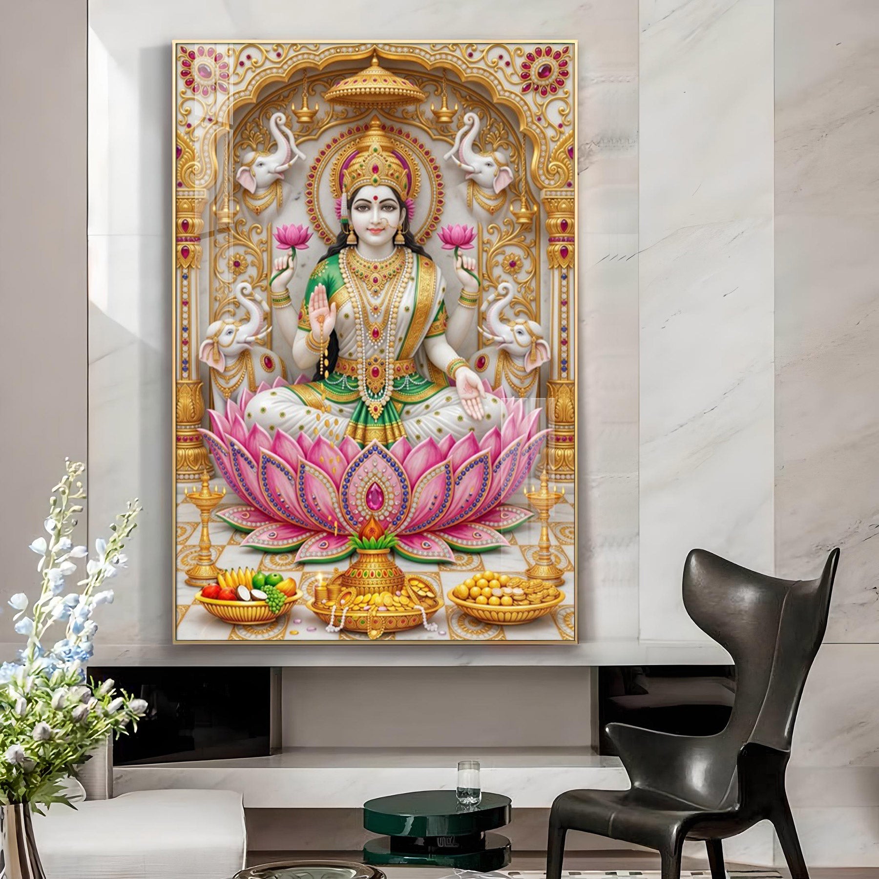 Goddess Lakshmi Glass Finish Vertical Wall Art