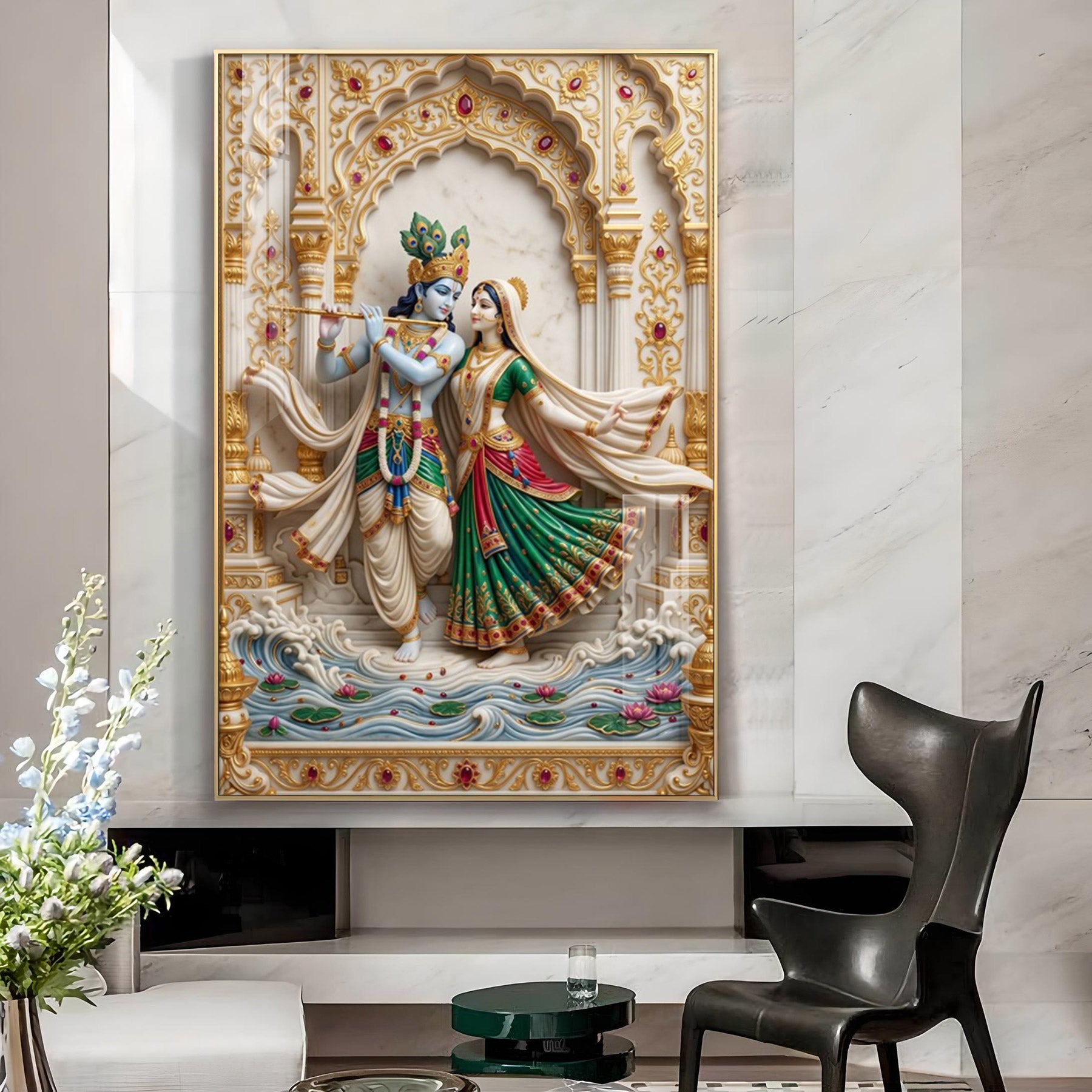Goddess Radha With God Krishna Glass Finish Vertical Wall Art