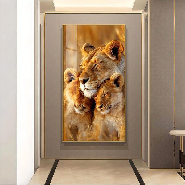 Lioness Cub Cuddling Glass Finish Vertical Wall Art