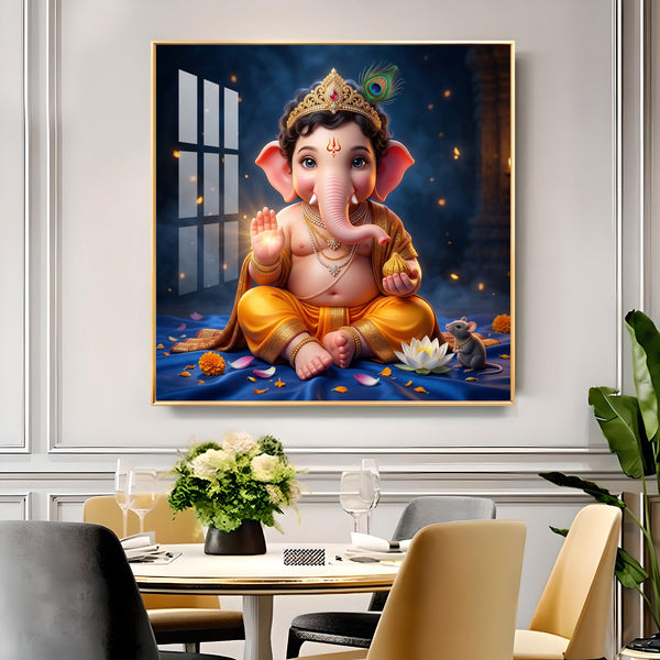 Baby Lord Ganesha Glass Finish Square Wall Art