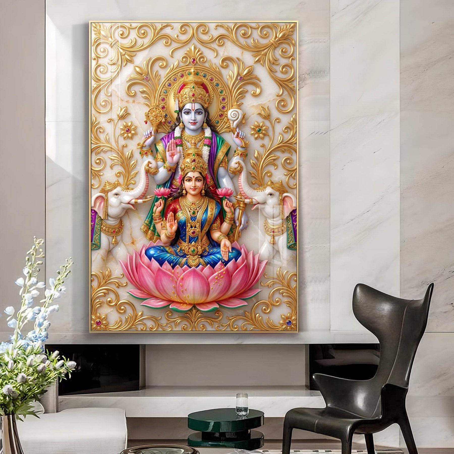 Lord Vishnu & Goddess Lakshmi Glass Finish Vertical Wall Art
