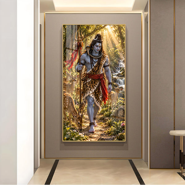 Lord Shiva Walking In Forest Glass Finish Vertical Wall Art