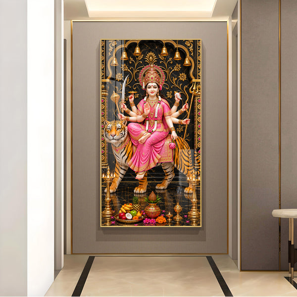Maa Durga In Pink Saree Glass Finish Vertical Wall Art