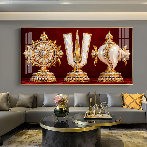 Tirupati Balaji Symbols Chakra & Shankh Glass Finish Horizontal Wall Art