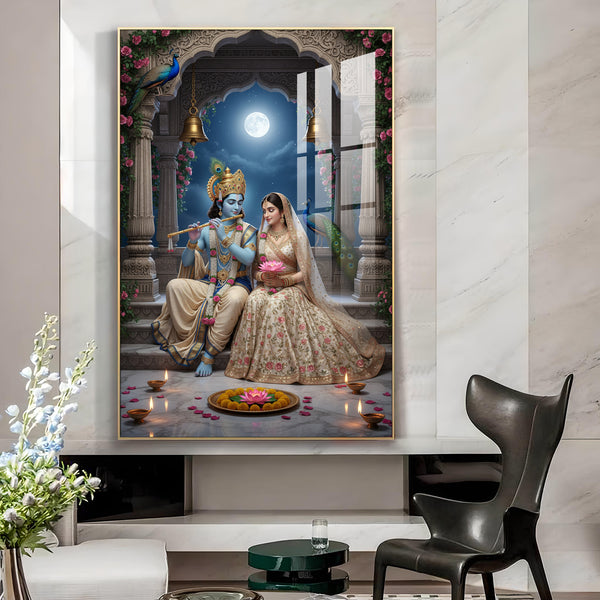 Hindu Deities Radha & Krishna Glass Finish Vertical Wall Art