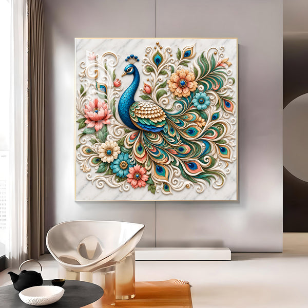Peacock Glass Finish Square Wall Art