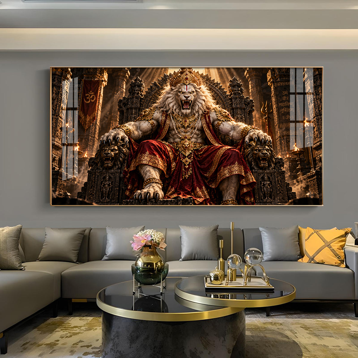 Lord Narasimha On Royal Throne Glass Finish Horizontal Wall Art