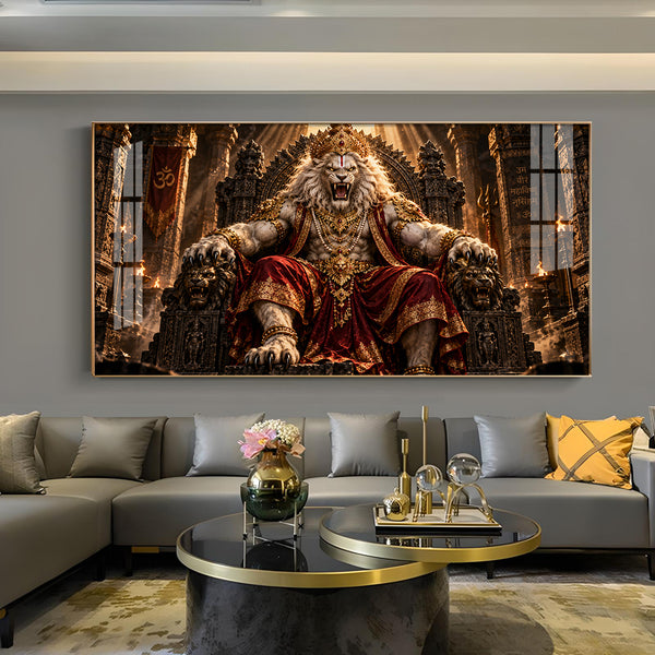 Lord Narasimha On Royal Throne Glass Finish Horizontal Wall Art