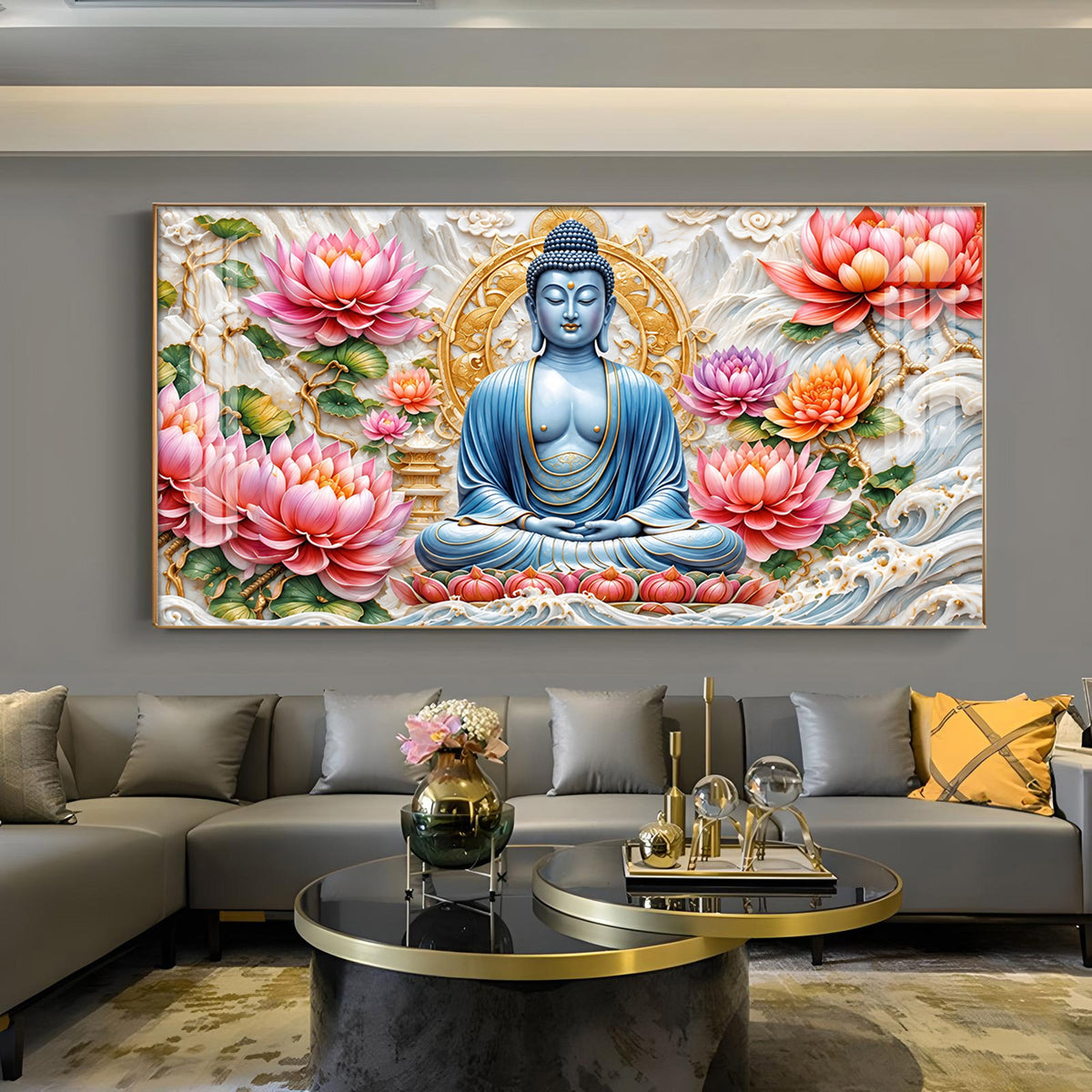 Blue Meditating Buddha Glass Finish Horizontal Wall Art