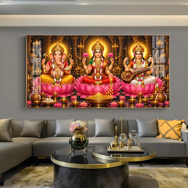 Goddess Maa Laxmi, Maa Saraswati & Ganesh Ji Glass Finish Horizontal Wall Art