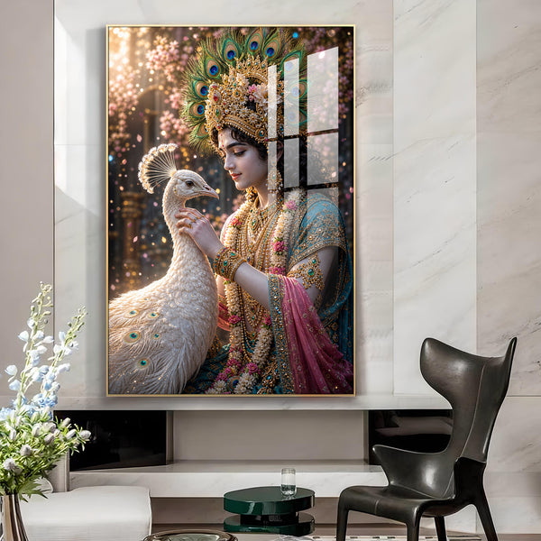 Shree Krishna With Peacock Glass Finish Vertical Wall Art