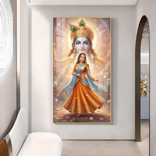 Radha With Shri Krishna Glass Finish Vertical Wall Art