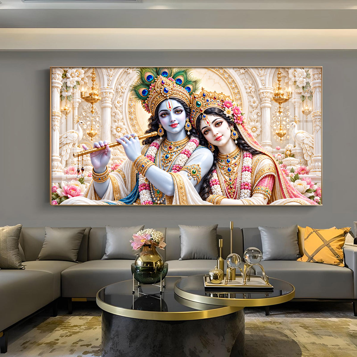 Radha Krishna Playing Bansuri Glass Finish Horizontal Wall Art
