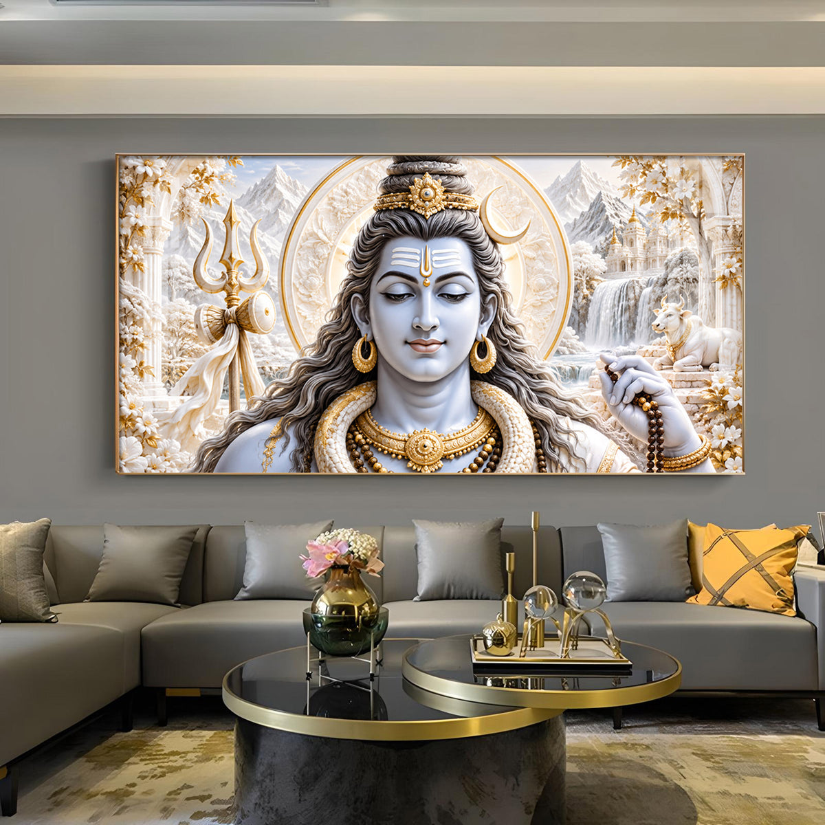 Mahadev With Trishul Glass Finish Horizontal Wall Art