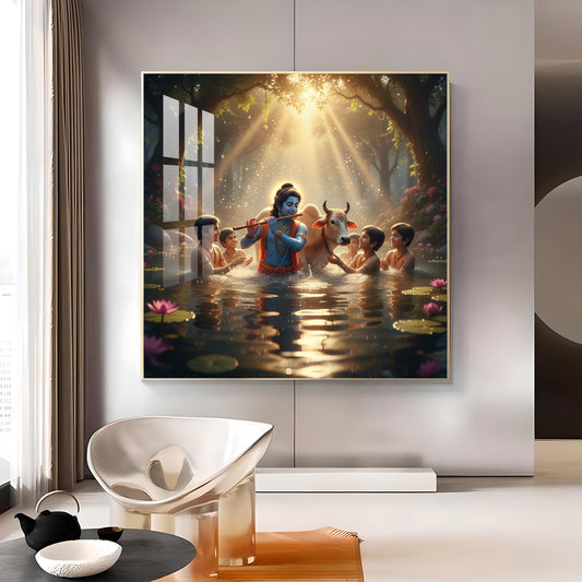 Little Krishna With Sakha Glass Finish Square Wall Art