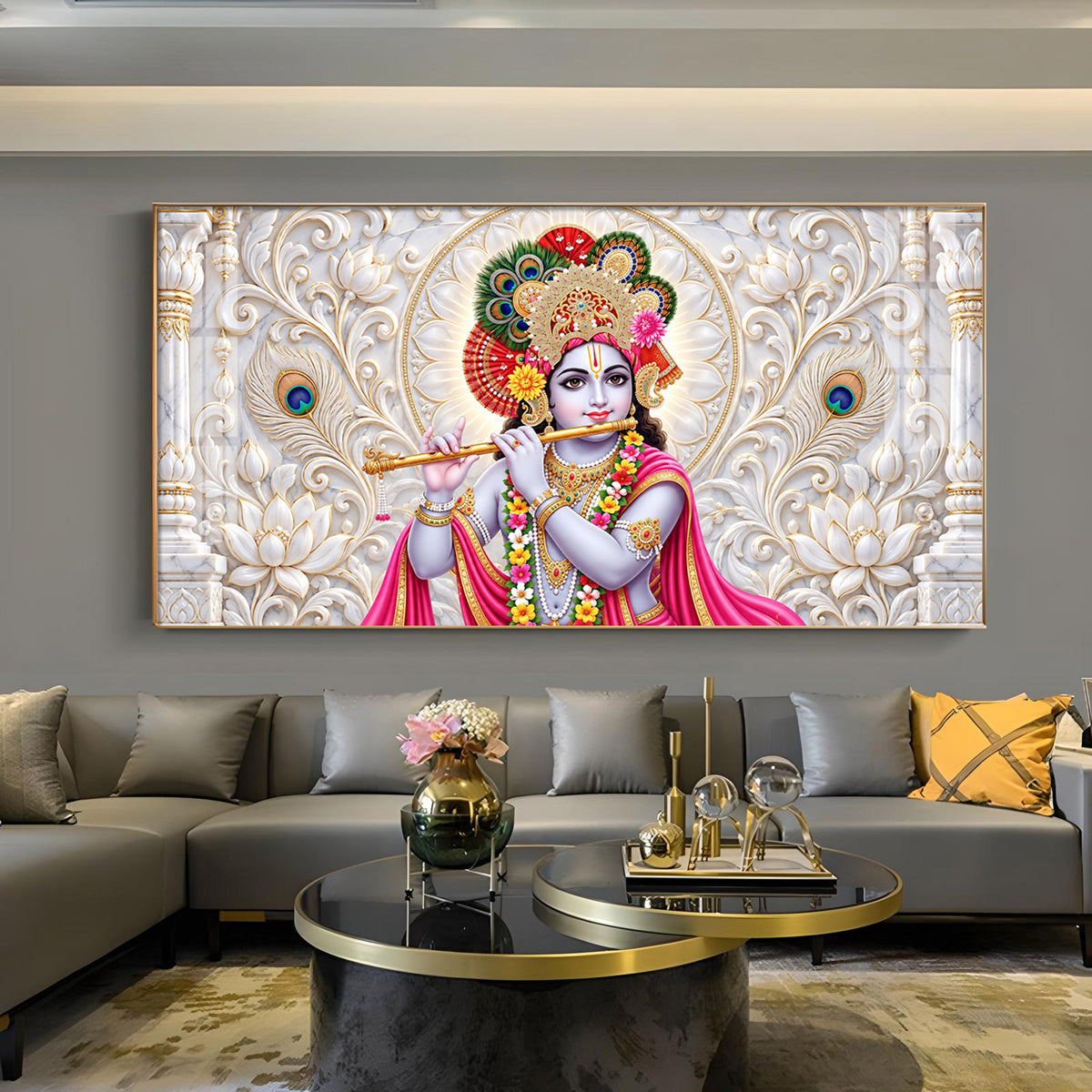 Divine Krishna Flute Playing Glass Finish Horizontal Wall Art