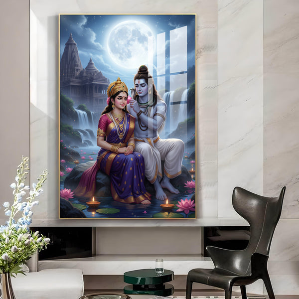 Depicting Lord Shiva & Goddess Parvati Glass Finish Vertical Wall Art