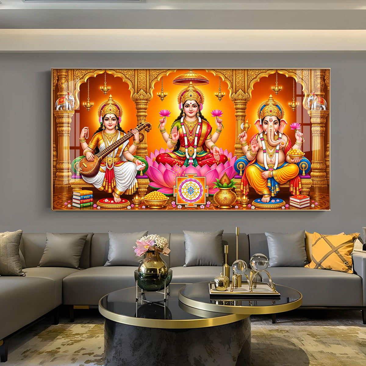Maa Laxmi, Maa Saraswati & Ganesh Ji Glass Finish Horizontal Wall Art