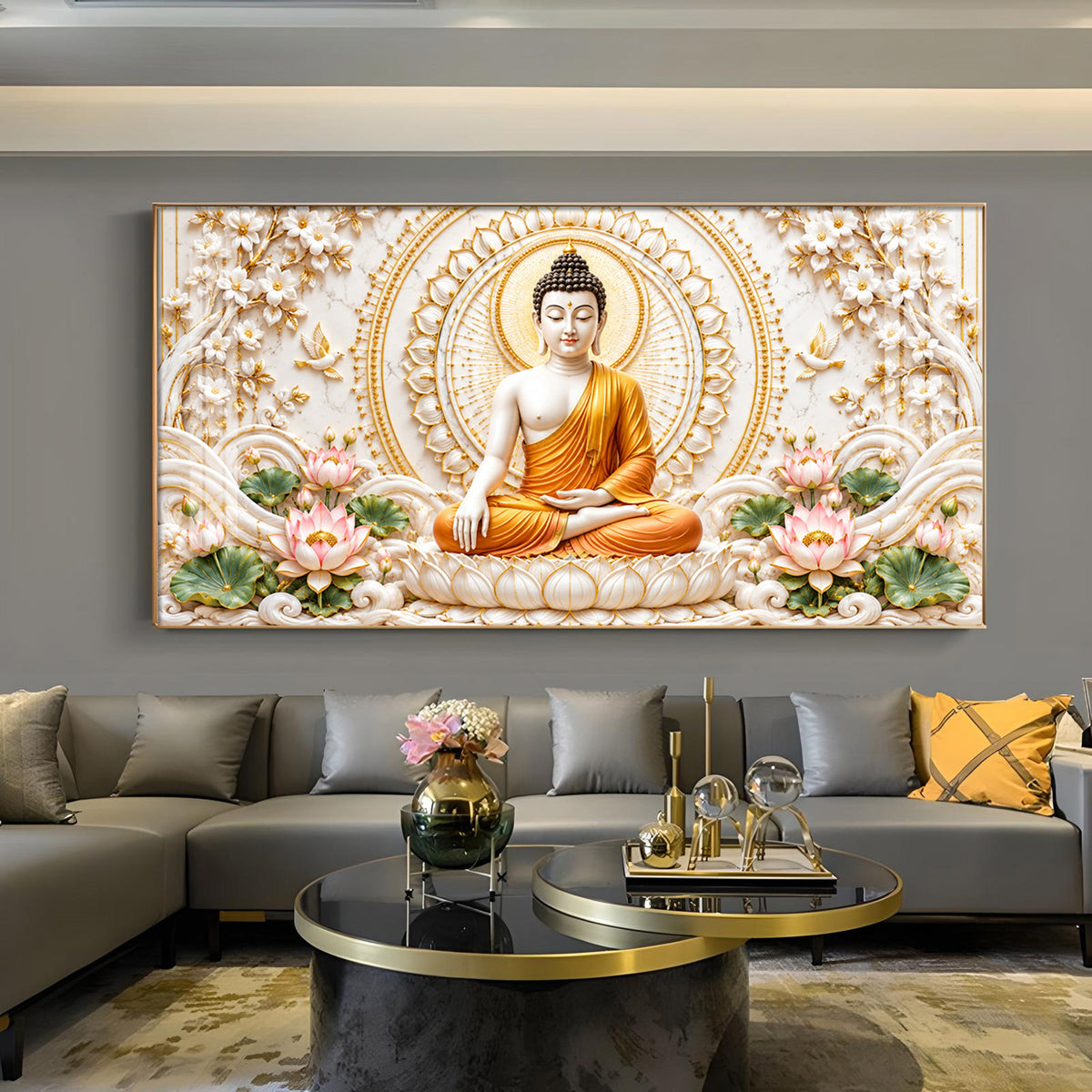 Lord Buddha Meditating Glass Finish Horizontal Wall Art