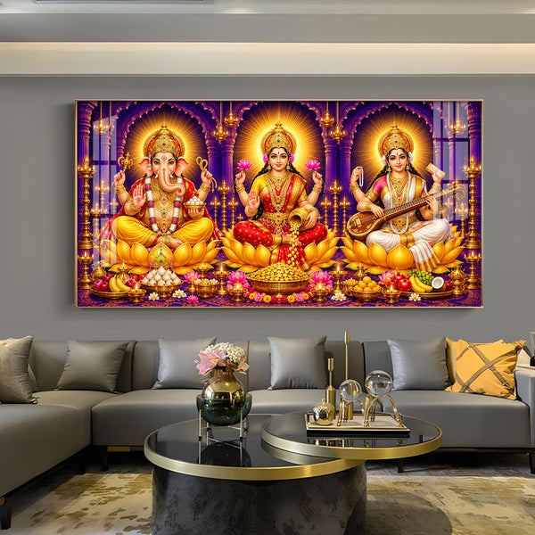 Maa Saraswati, Maa Laxmi & Ganesh Ji Glass Finish Horizontal Wall Art