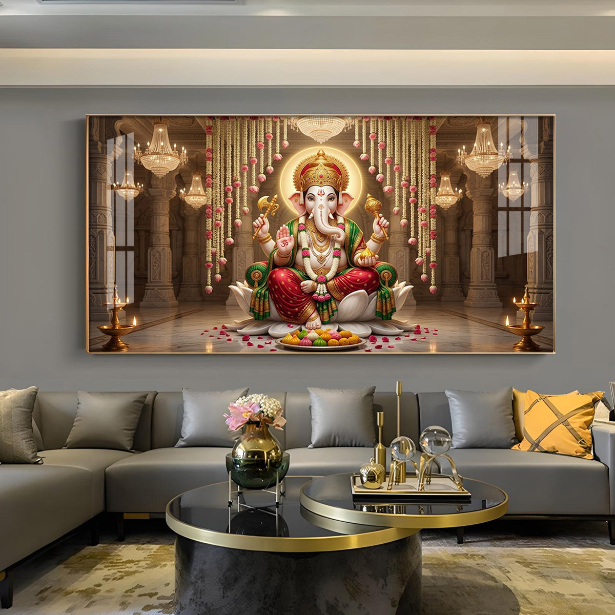 Lord Ganesha on Lotus Glass Finish Horizontal Wall Art