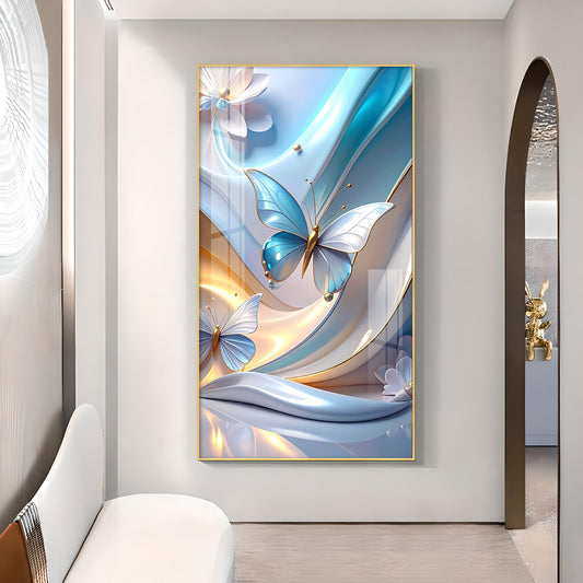Enchanted Blue Flutter Glass Finish Vertical Wall Art