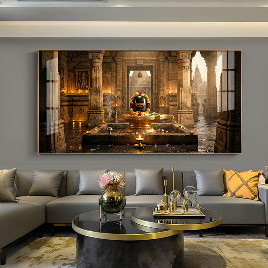 Shivling Temple Mystical Presence Glass Finish Horizontal Wall Art