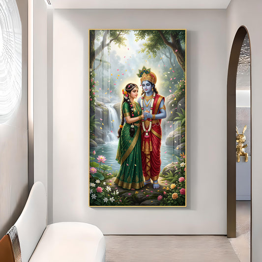 Radha Krishna Divine Aura Glass Finish Vertical Wall Art