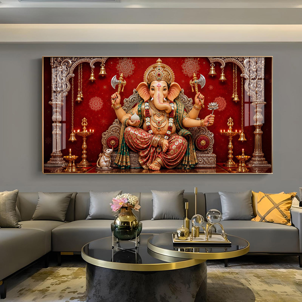 Hindu Devotional Ganpati Bappa Glass Finish Horizontal Wall Art