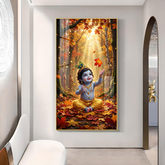 Lord Kanha In Forest Glass Finish Vertical Wall Art
