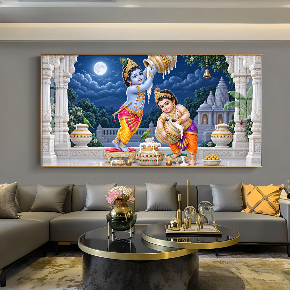 Little Krishna Balaram Glass Finish Horizontal Wall Art