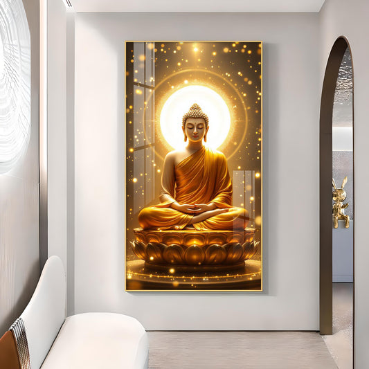 Meditating Gautam Buddha Glass Finish Vertical Wall Art
