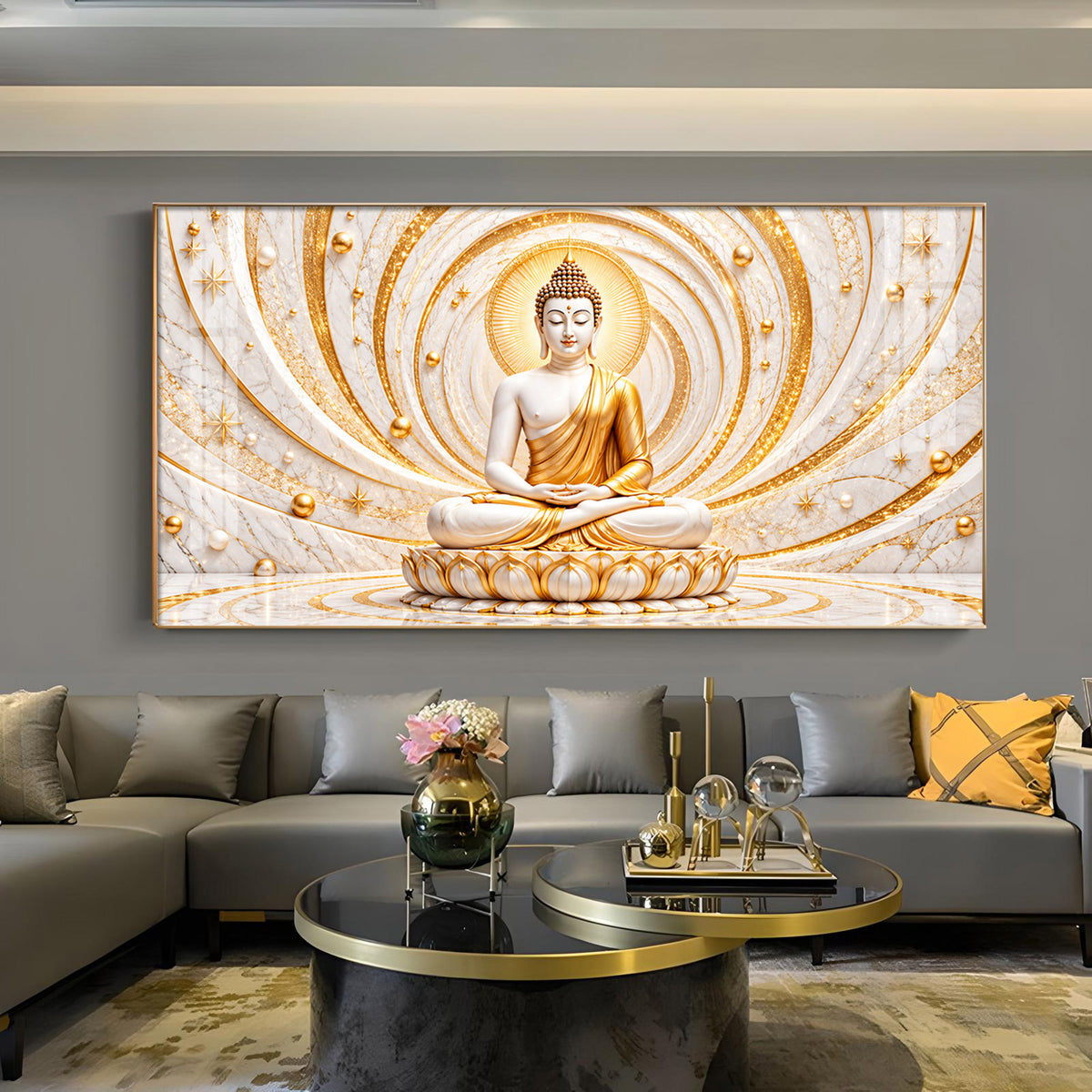 Golden Swirl Meditating Buddha Glass Finish Horizontal Wall Art