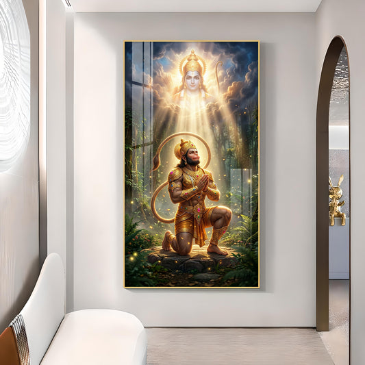 Hanuman Ji and Lord Ram Ji Glass Finish Vertical Wall Art