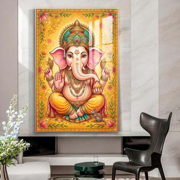 Shree Ganesh Bhagwan Glass Finish Vertical Wall Art