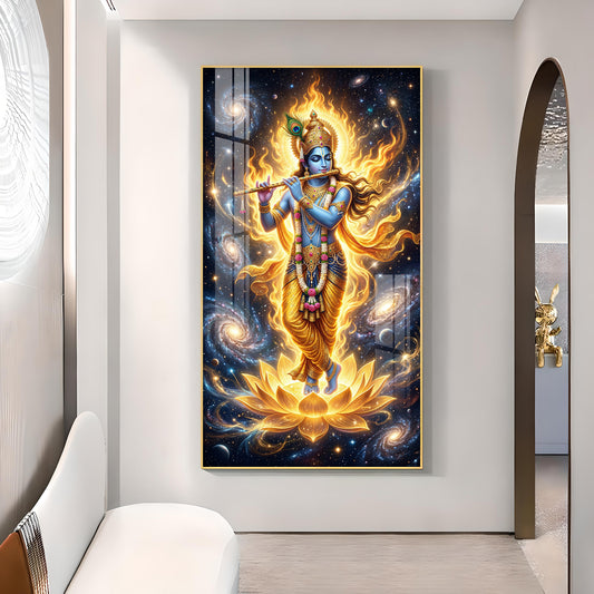 Lord Krishna Playing Bansuri Glass Finish Vertical Wall Art