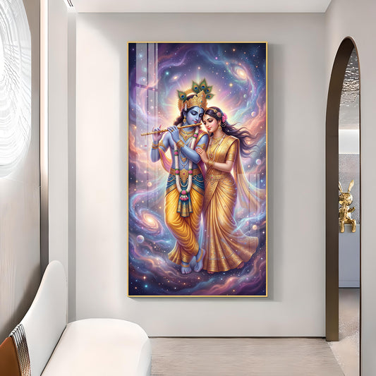 Divine Radhe Rani With Krishna Ji Glass Finish Vertical Wall Art