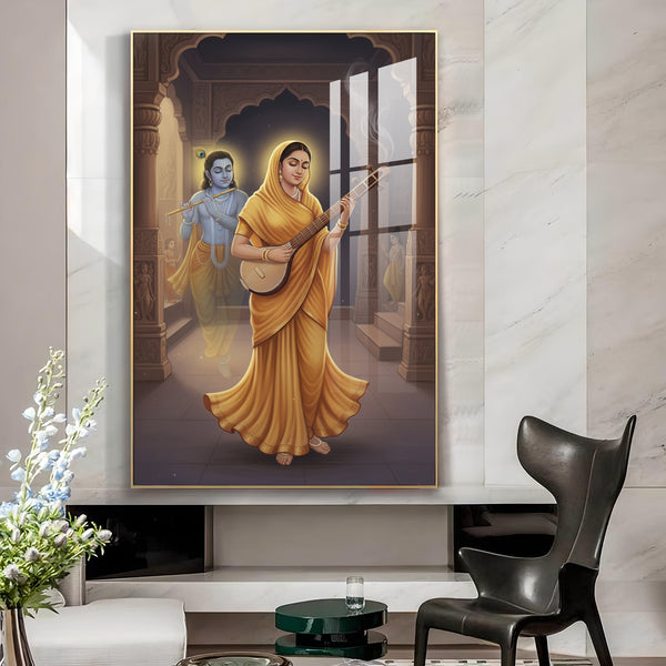 Meera Bai and Krishna Glass Finish Vertical Wall Art