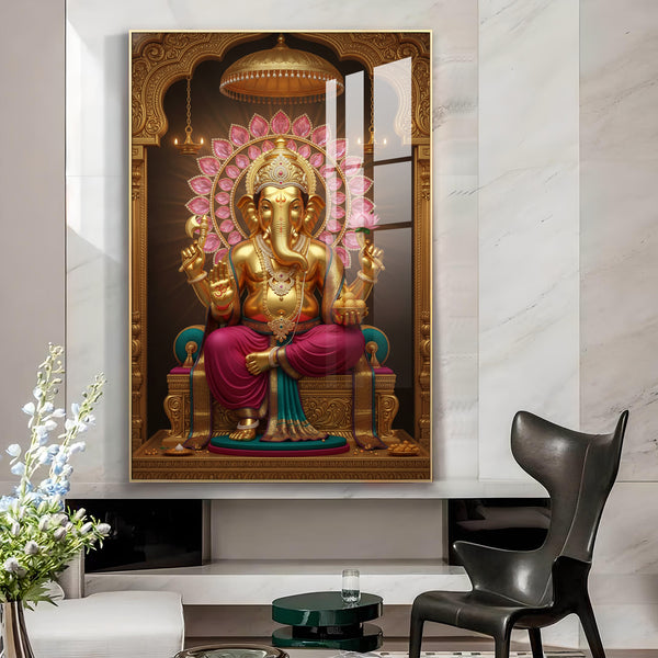 Lord Ganesha With Intricate Floral Glass Finish Vertical Wall Art
