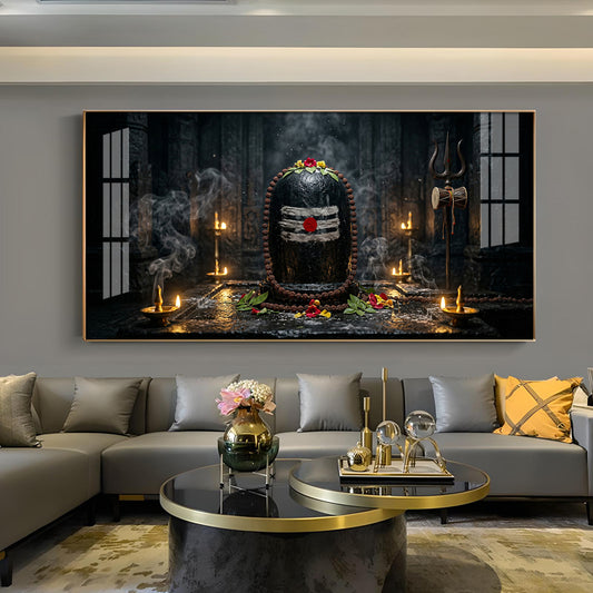 Mahadev Shivling Divine Aura Glass Finish Horizontal Wall Art