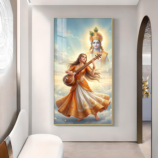 Divine Meera Bai with krishna Glass Finish Vertical Wall Art