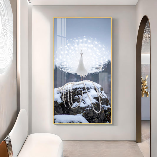 Dazzling Pearl Peacock Glass Finish Vertical Wall Art