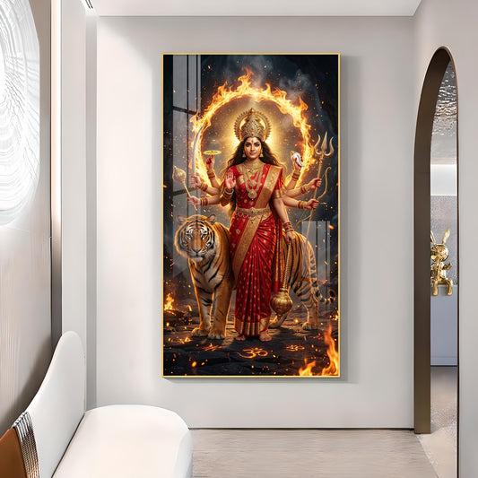 Divine Maa Durga Glass Finish Vertical Wall Art