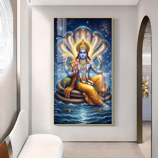 Lord Vishnu On Sheshnag Glass Finish Vertical Wall Art