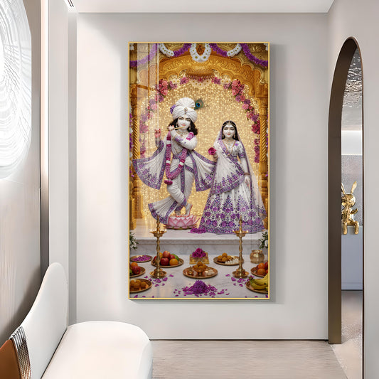 Depicting Radha & Krishna Glass Finish Vertical Wall Art