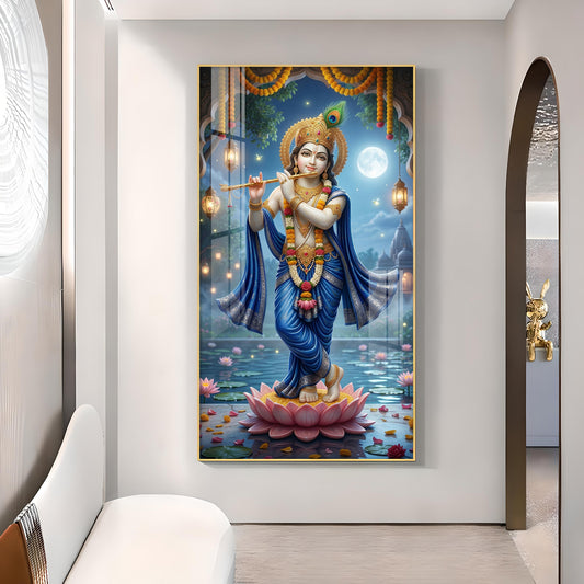 Lord Krishna With Flute Glass Finish Vertical Wall Art