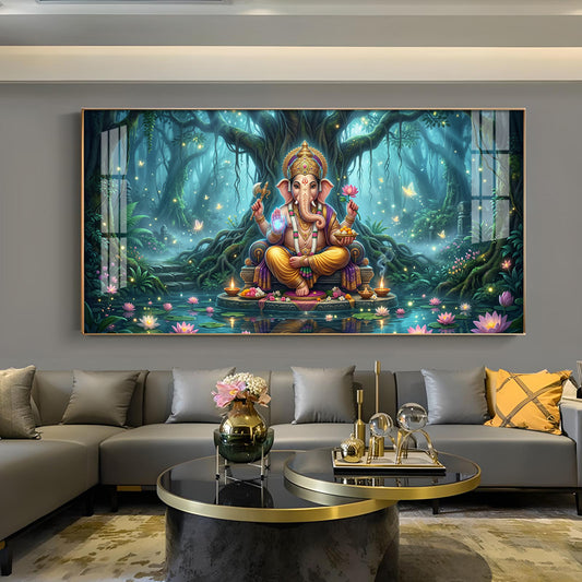 Lord Ganesh Divine Aura Glass Finish Horizontal Wall Art