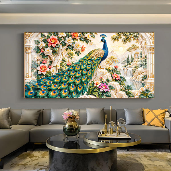 Majestic Peacock Glass Finish Horizontal Wall Art
