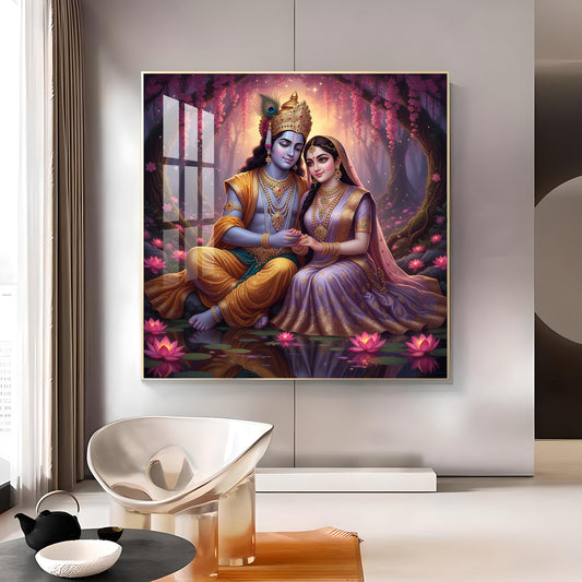 Loving Beautiful Radha Krishna Glass Finish Square Wall Art